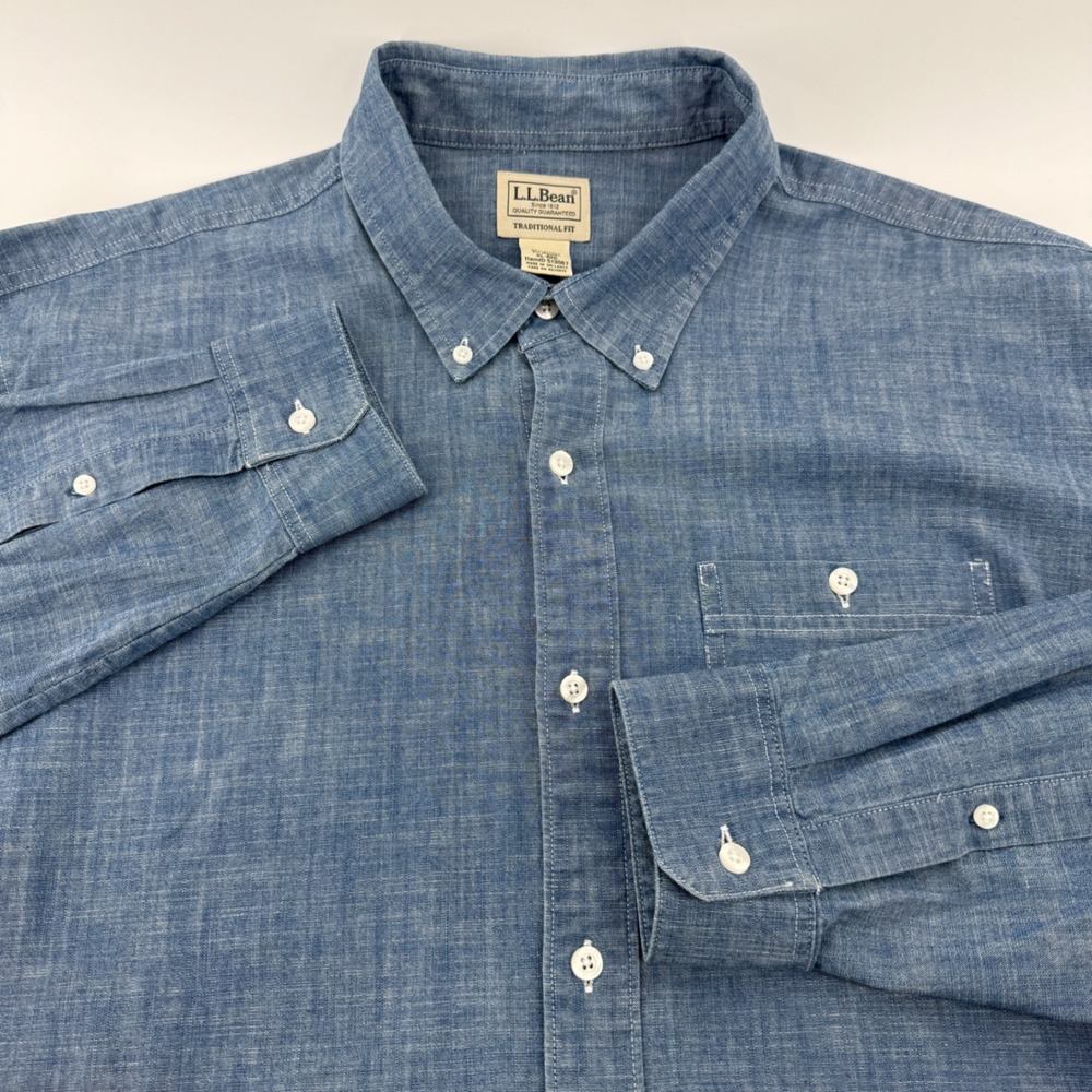 L.L. Bean Button Down Shirt Men XL Blue Solid Cotton Spandex Traditional Fit
